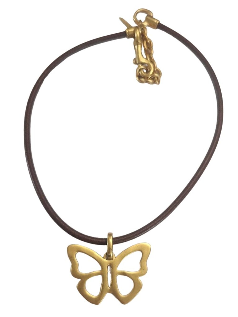 Coach Y2K Gold Tone Butterfly Pendant Brown Leather Cord Necklace